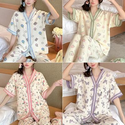 2 st/set Stor storlek Koreansk version av Den Casual Klassiska Söta Lila Blommiga Pyjamasen Kortärmad Långbyxor Casual Hemkläder