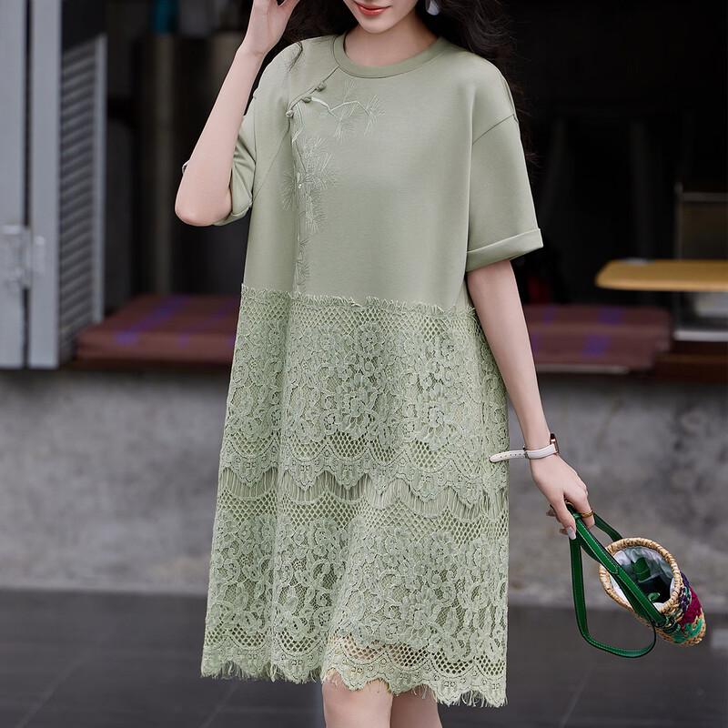 Bailuyu Chinese Style Round Neck Lace Patchwork A-Line Dress