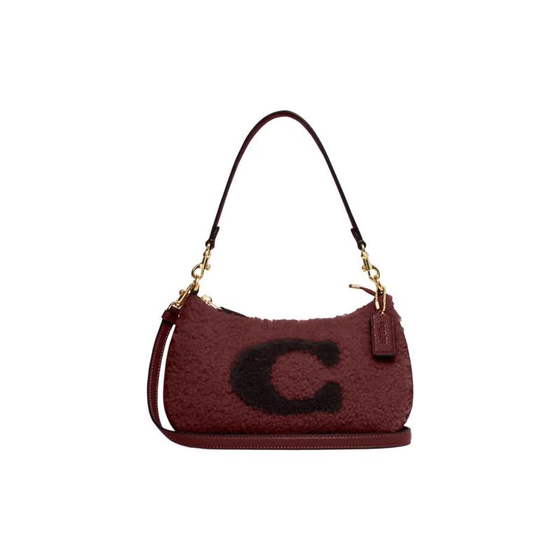 

COACH Teri 24 C pattern iconic logo charm plush velvet zipper closure sheepskin and cow leather hand-held crossbody shoulder bag women s cherry red червоний
