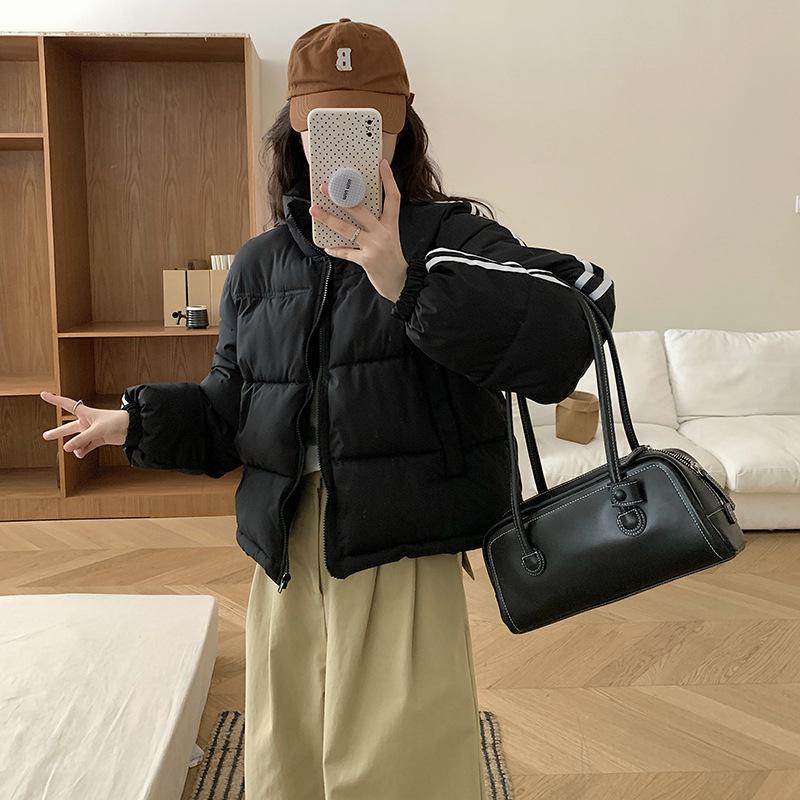 Three-bar short down cotton jacket women's winter new American kendou bread suit short coffee color hooded outside
