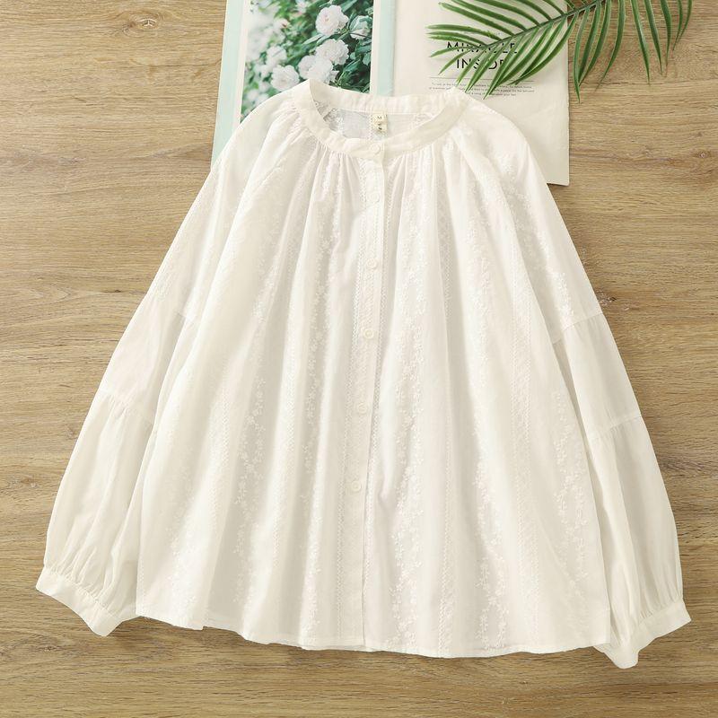 

French style Retro Heavy Embroidery White Shirt Women Spring Commuter Western Style Stand Collar Long sleeve Small Shirt Artistic Pure Cotton Top White M