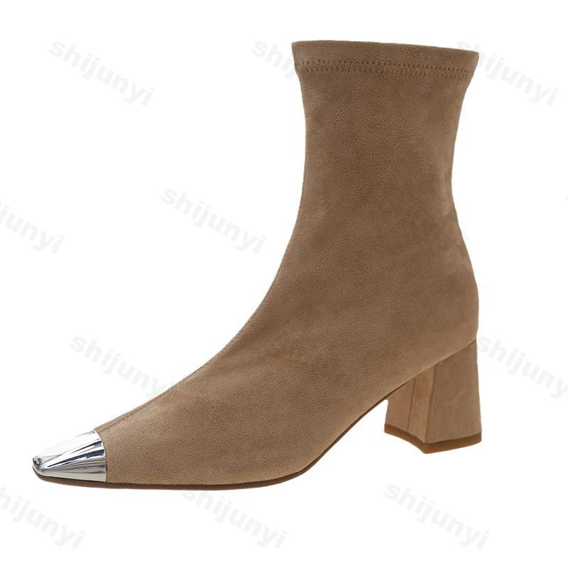Mode Square Heel Damen Elastische Socken Kurze Stiefel Mode Seitliche Reißverschlüsse Schlanke Stiefeletten Retro Stil Designer Metallspitze Damenschuhe