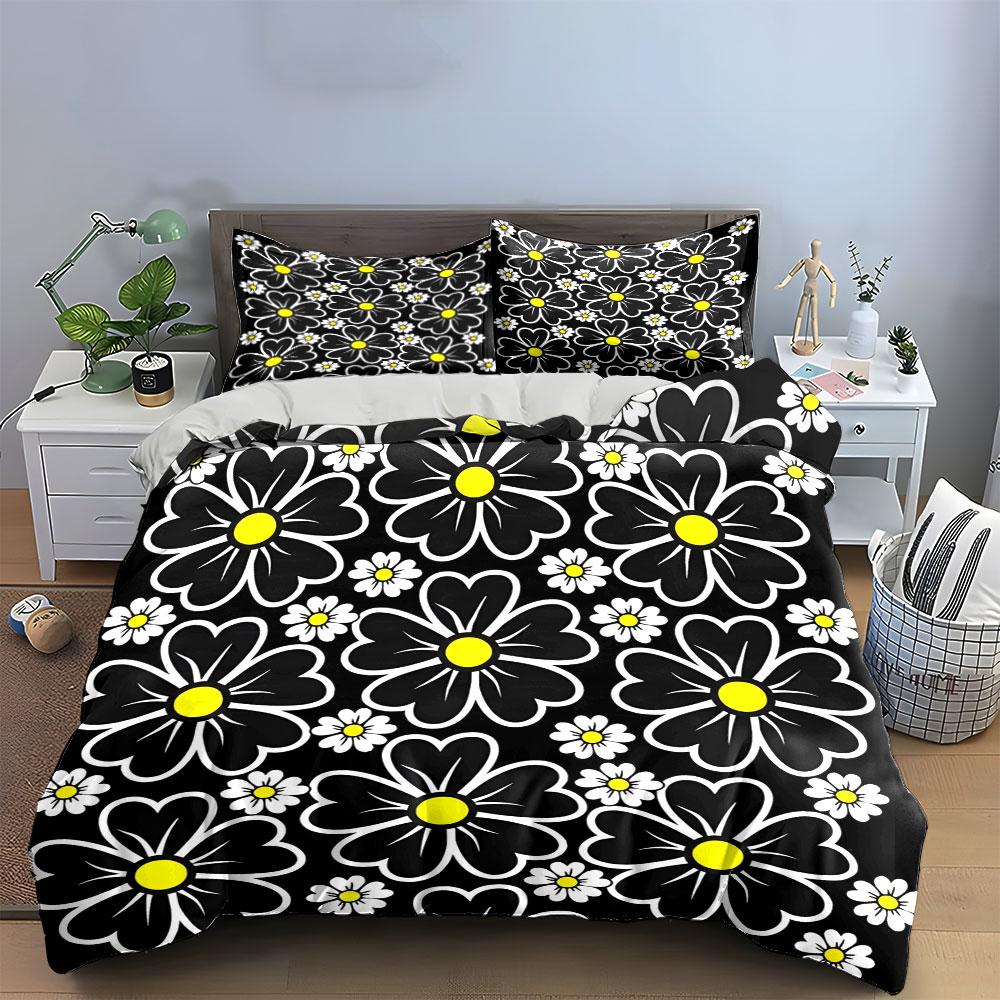 Large daisies, black background. Bedding sets Duvet cover sets Duvet covers Pillowcases(1*Duvet Cover 2*Pillowcases without duvet insert)