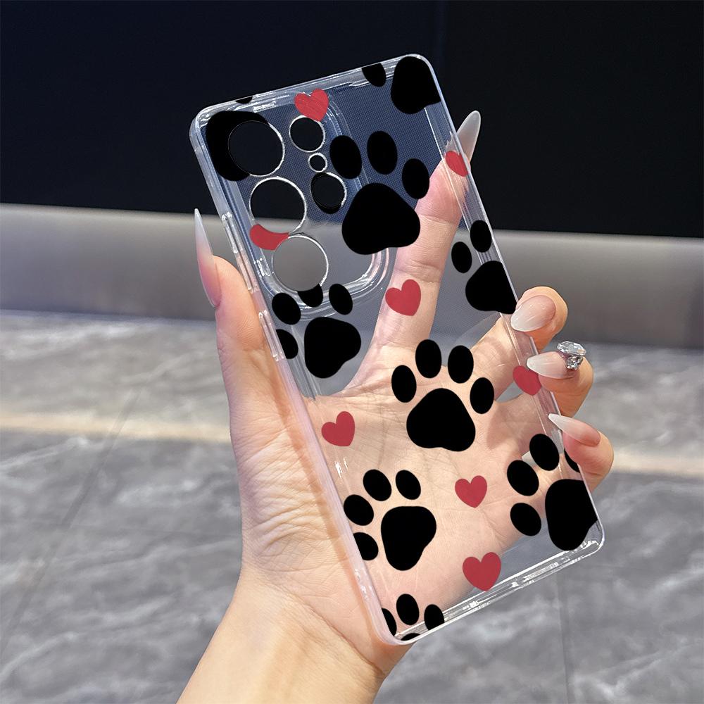 Black Paw Prints with Red Hearts Phone Case for Samsung Galaxy S26 S25 S24 S23 S22 S21 S20 FE Plus Lucency TPU Protection Cover