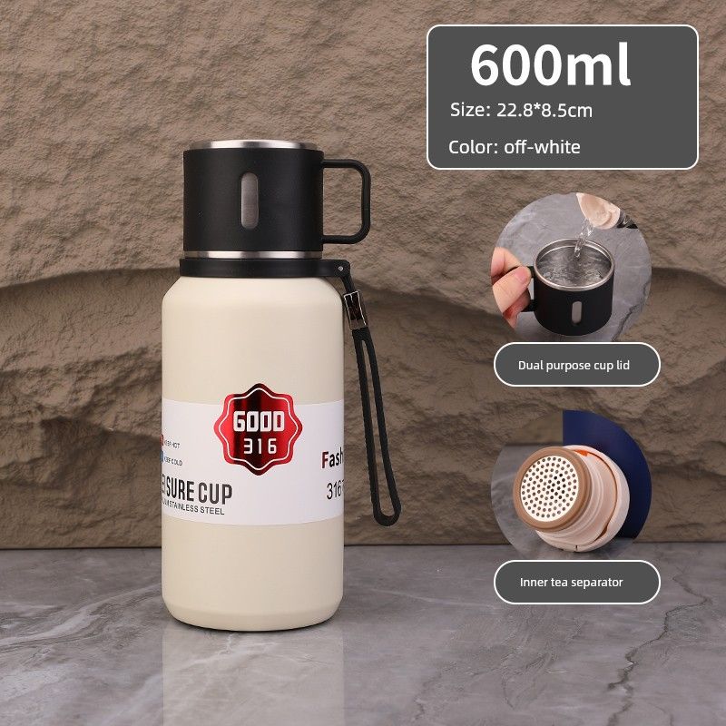 

Large Capacity Vacuum Cup Portable 316 Stainless Steel Tea Cup Large Male and Female Students the Bottle of Jug Drinking Water with Cup Lid White 600ml (Thickened 316 Liner + Tea Net)