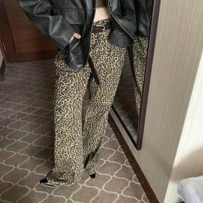 Street Leopard Print Schlagjeans Hoch taillierte dünne Weitbeinhose Persönlichkeit Retro Freizeithose
