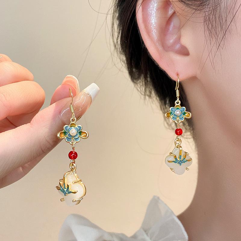 Luxus Neue Antike Damen Hanfu Ohrringe Tang Dynastie Gebrannt Blau Schmetterling Perle Hängeohrringe Hochzeits Schmuck Geschenk