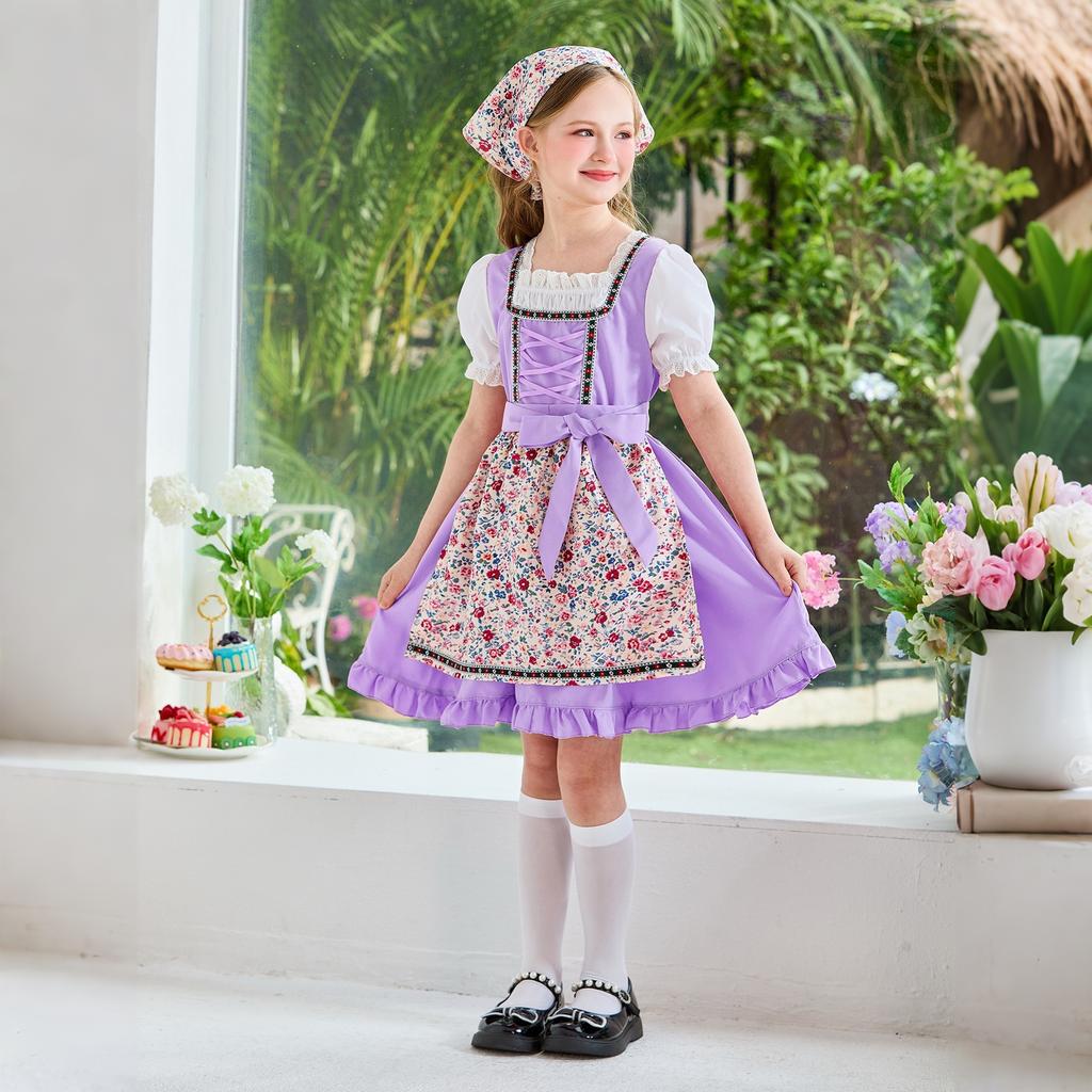 Girls Traditional Dress Oktoberfest Costume Country Style Apron Dress with Headscarf and Puff Sleeve Shirt for Kids