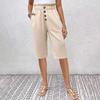 New Solid Color Cotton And Linen Pocket Button Women'S Casual Pants Shorts