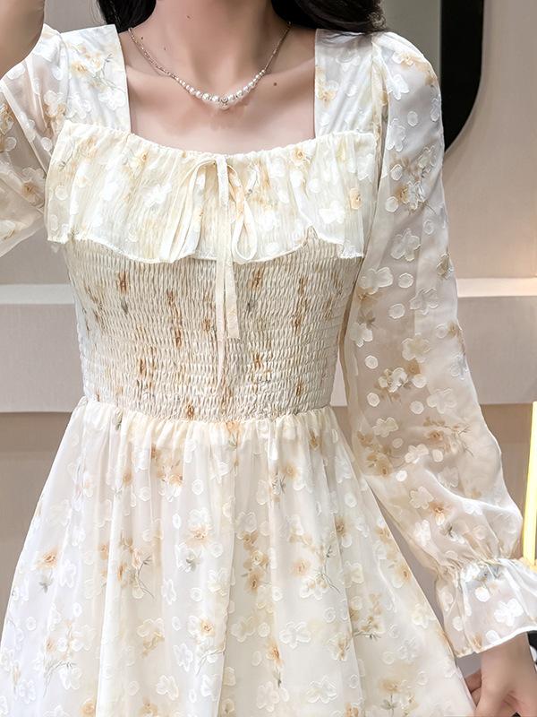 Spring French Square Neck Puff Sleeve Ruffle Dress - Mid-Length, Slim Fit, Jacquard Floral Design