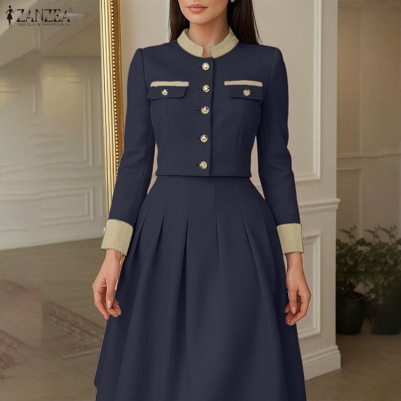 ZANZEA Women Long Sleeve Blouse and A-line Skirts Casual Two Piece Suit Sets