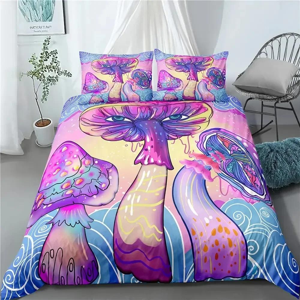 3D Psychedelic Mushroom Boho Mushroom Comfortable Duvet Quilt Cover Pillowcase Bedding Set Bedroom Decoration Home Textile