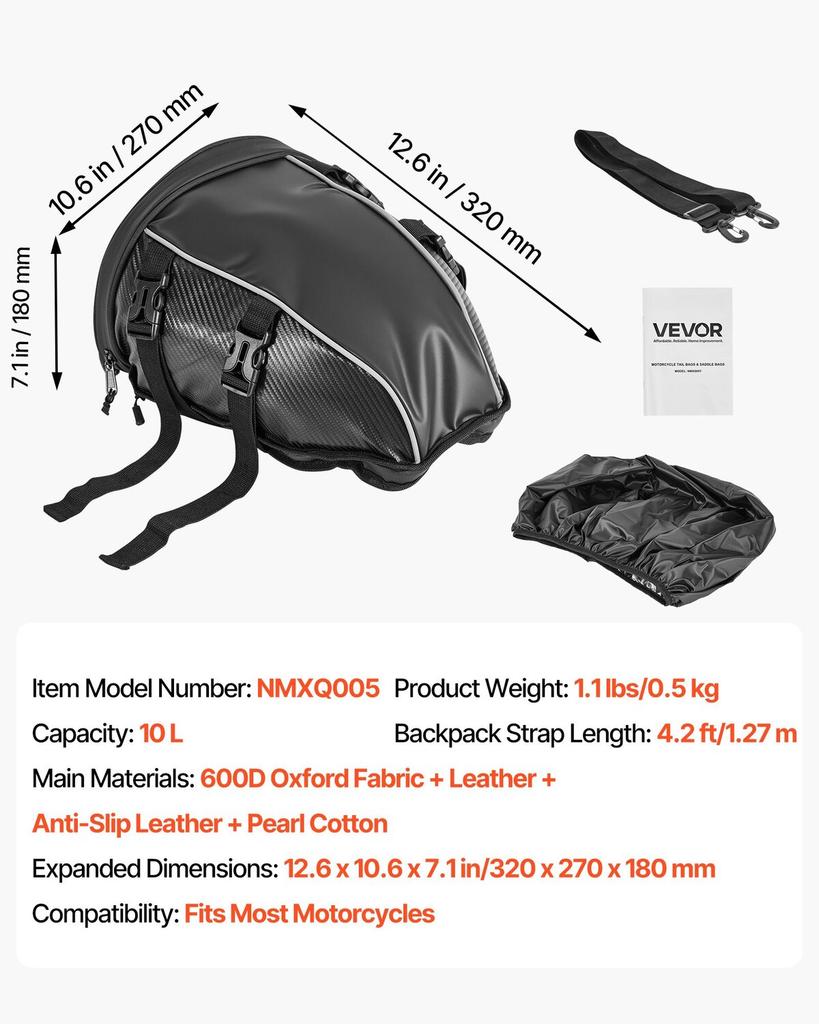 Motorcycle Tail Bag, 10 L Motorcycle Rear Seat Bag with Waterproof Rain Cover, Outdoor Sports Motorbike Luggage Storage Trunk Rack Backpack Handbag