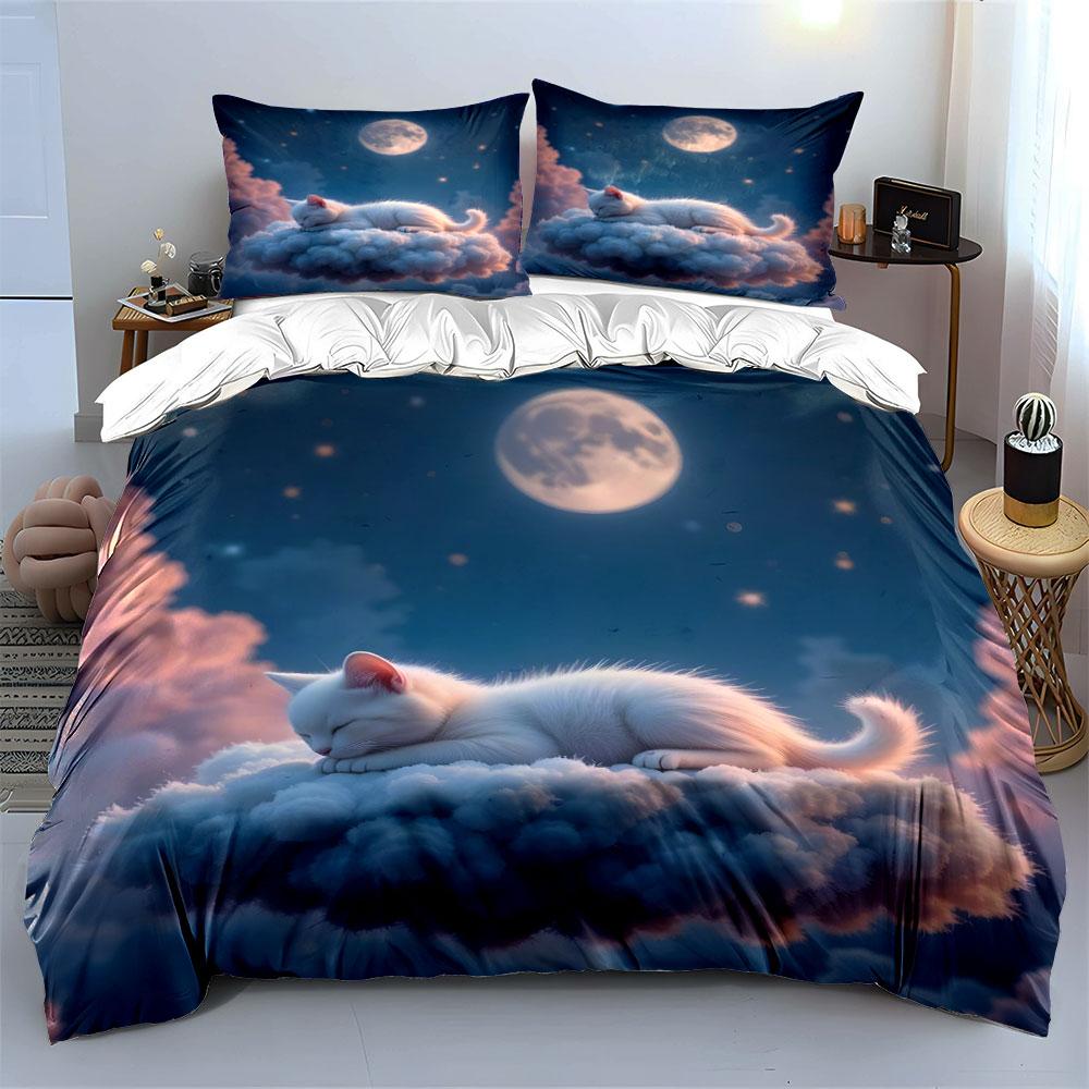 White Cat Sleeps On Dreamy Cloud Duvet Cover Set With 3D Printing Design Soft Polyester Bedding Set All-Season Comfort
