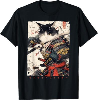Maglietta unisex con illustrazione a inchiostro Ukiyo raffigurante un guerriero gatto samurai.