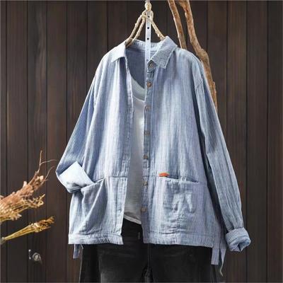 Women Spring Striped Shirts Turn-down Collar Long Sleeve Tops Button Pockets Blouses Female Casual Shirts