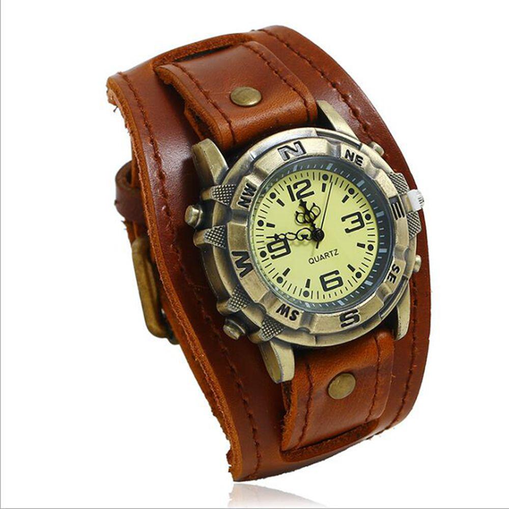 Relogio Retro Big Wide Genuine Leather Strap Watch Men Punk Quartz Cuff Watch Wristwatches Bracelet Unusual Wrist Watch