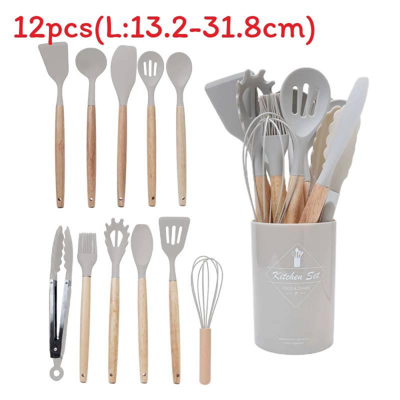 Silicone Kitchen Utensil Set With Wooden Handles For Nonstick Cookware And Heat Resistance