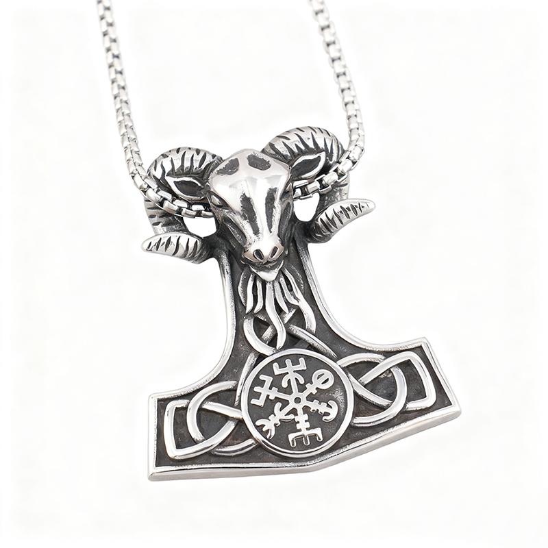 Vintage Sheep Head Pendant Necklace for Men Women GIft Stainless Steel Punk Hip Hop Animal Amulet Gothic Pentagram Goat Jewelry