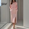 Commuting Dress Women Solid Color Midi Dress Slim Fit Autumn with Side Slit O-Neck Long Sleeve Metal Buttons Decor Formal Evening