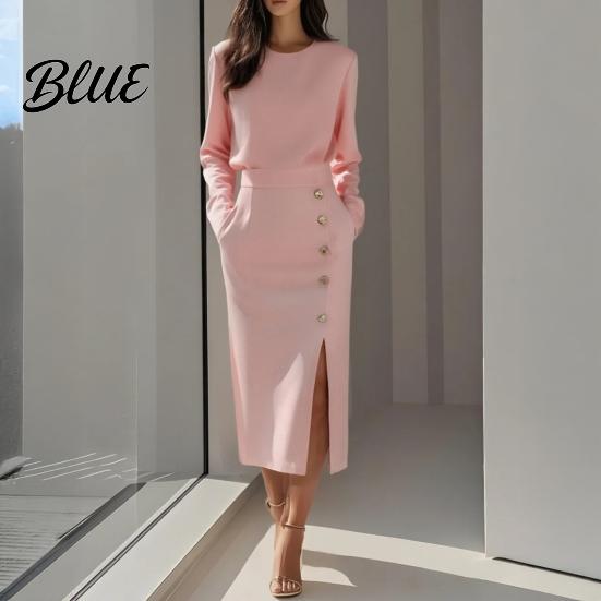 Commuting Dress Women Solid Color Midi Dress Slim Fit Autumn with Side Slit O-Neck Long Sleeve Metal Buttons Decor Formal Evening