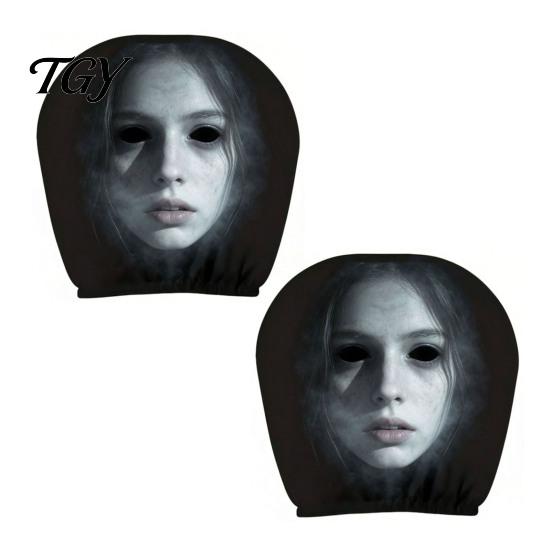 Funny Prank Car Accessories 2Pcs Ghost Face Headrest Covers, Halloween Horror Seat Decorations, Holiday Atmosphere Decor Universal Fit