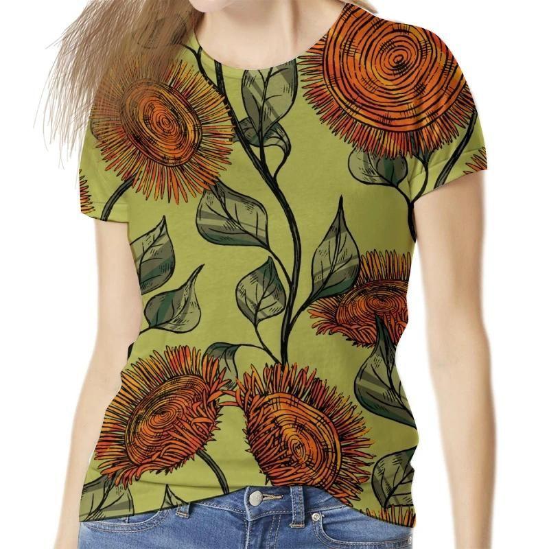Summer Round Neck Botanical Pattern 3D Print Top Fashionable Casual Short Sleeved Women's T-shirts