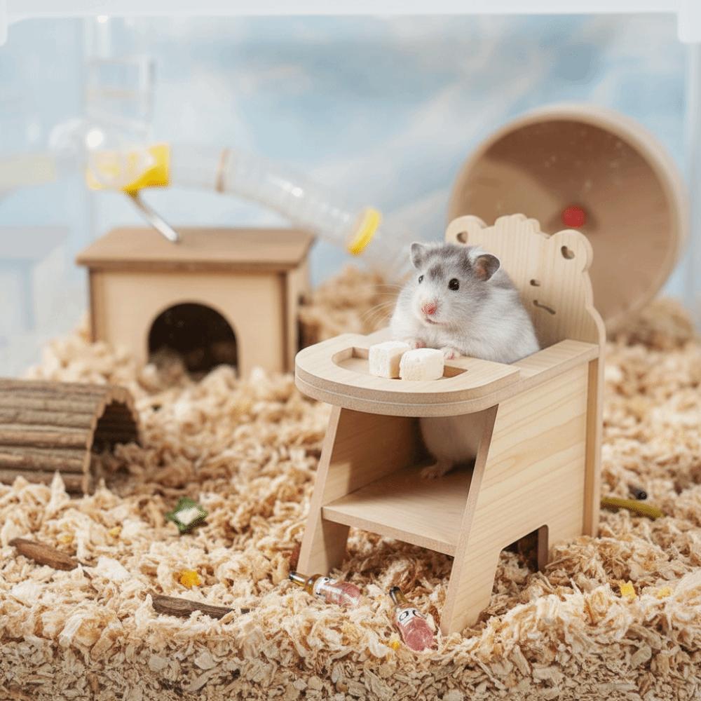 Hamster Fun Toys Cartoon Hamster Dining Chair Detachable with Tray Wooden Hamster Chair Handmade Mini Feeding Chair Photo Props