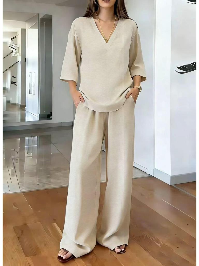 Women's Spring V-Neck Top and Wide-Leg Pants Set - Solid Color, Short-Sleeved, European & American Style Casual Wear