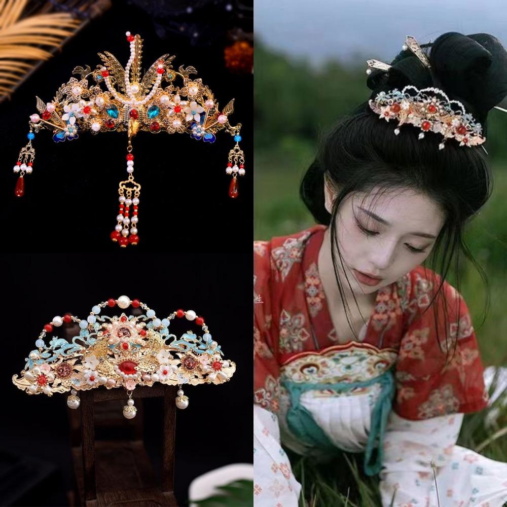 Barevná glazura Čínské Hanfu Vlasová koruna Ozdoba do vlasů Střapec Perlová koruna Křišťálový držák do vlasů Párty