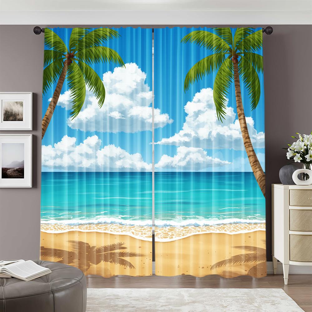 2pcs   spring summer Curtains Hawaii Beach Ocean Art Digital Print Drapes Fabric Home Decor Perfect for Bedroom   Living Room
