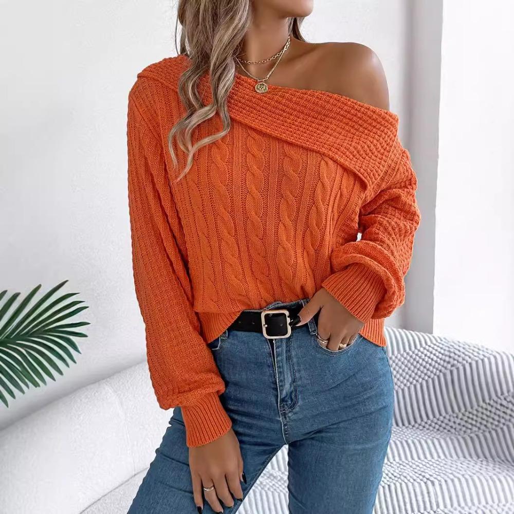 Women's Sweatshirt: Casual and Sensual Collared Off-the-Shoulder Cable-Knit Long-Sleeved Pullover Top