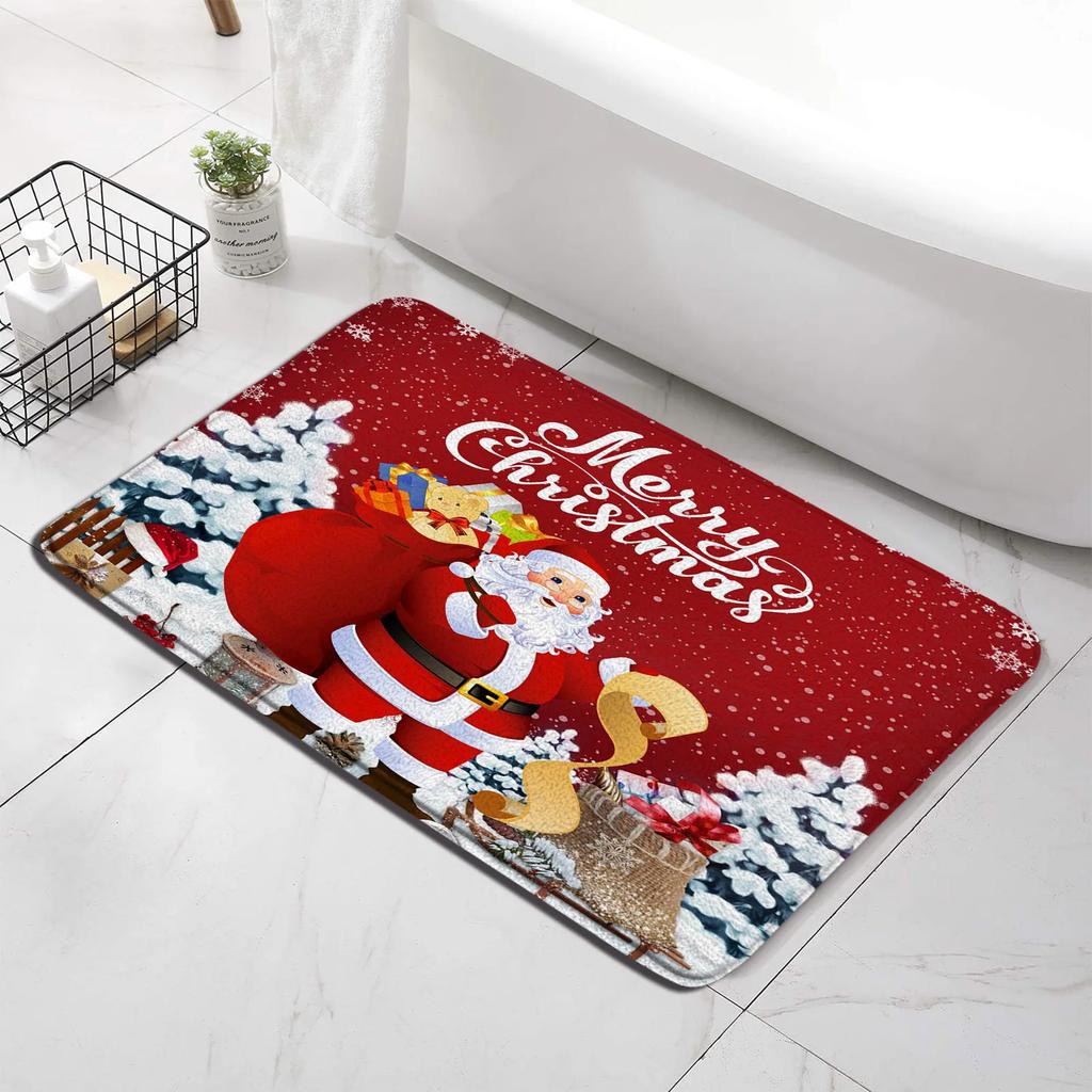 Red Christmas Shower Curtain Set Funny Santa Claus Gift Green Pine Branches Xmas Balls Home Bathroom Decor Bath Mat Toilet Cover