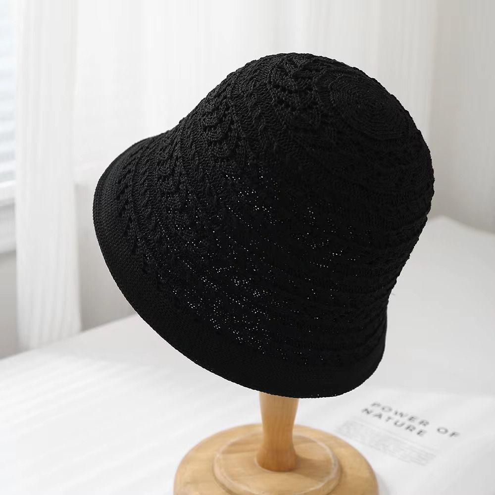 Knitted Bucket Hat Breathable Sun Hat Casual Hollow Beach Cap  Spring and Summer
