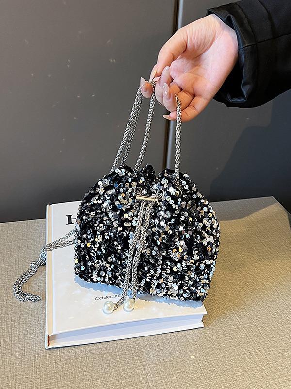 Chic Sequin Korean-Style Bucket Bag: Trendy Pleated Single Shoulder & Crossbody Evening Bag for Women 2026