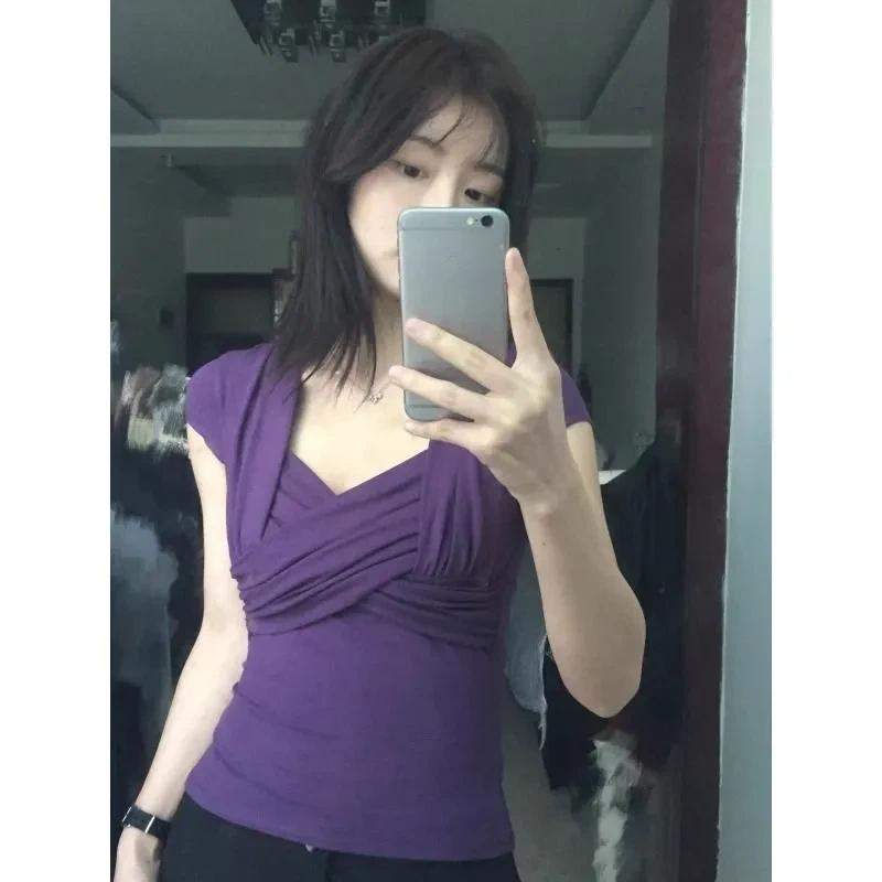 Dámský letní crop top s křížením, zavinovací, výstřih do V, krátký rukáv, úzký, ležérní, párty halenka