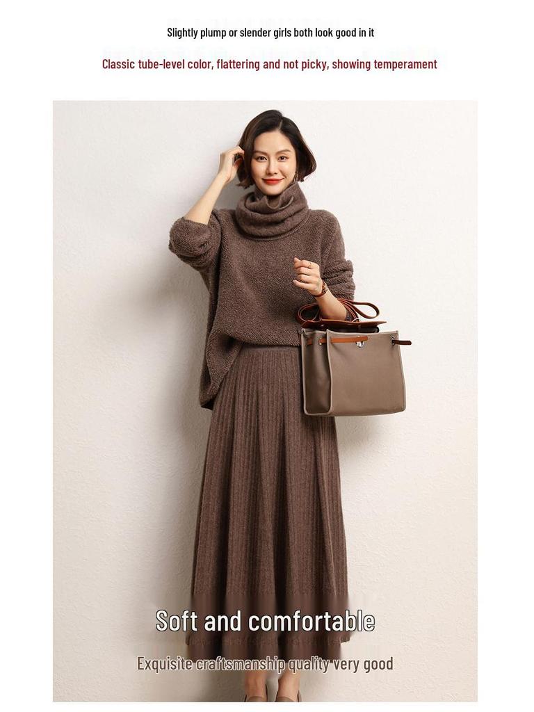 Women's High-Waisted Cashmere Pleated A-Line Skirt - Autumn/Winter Korean Style, Solid Color, Casual Wear