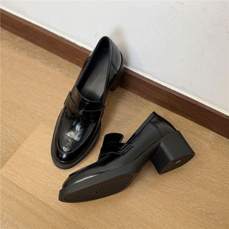 Silent sole British style round head loafers women's thick heel medium heel single shoes commuter small leather shoes black