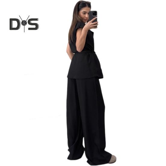 Ensemble 2 Pièces/Ensemble Costume Femme Gilet Pantalon Ensemble Col V Revers Lacé Taille Ceinturée Sans Manches Gilet Taille Haute Couleur Unie Longueur Totale Pantalon Court OL Travail