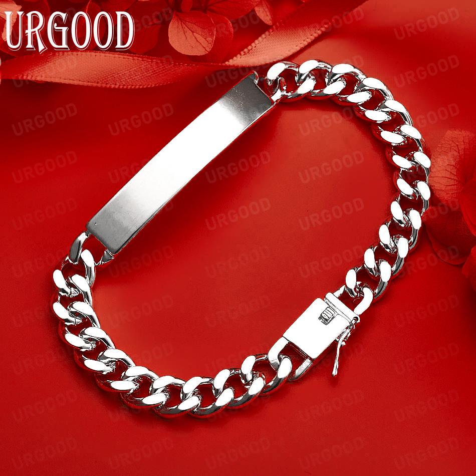 

925 Sterling Silver 8mm Long Side Chain Bracelet Wedding Fashion Jewelry 20CM