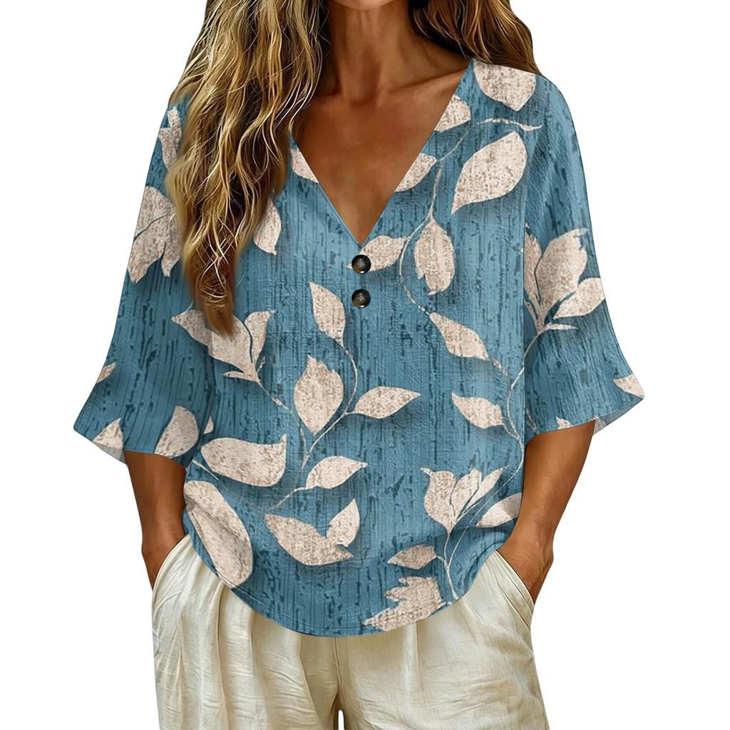 Womens V Neck Vintage Floral Print Loose Fit Short Sleeve Linen Blend T Shirt Lightweight Casual Summer Top with Button Detail