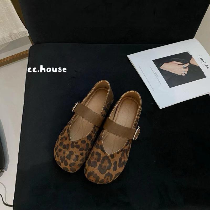 Leopard Print Cashmere Mary Jane Shoes Women's Autumn New Retro Soft-soled Shallow Mouth Single Shoes