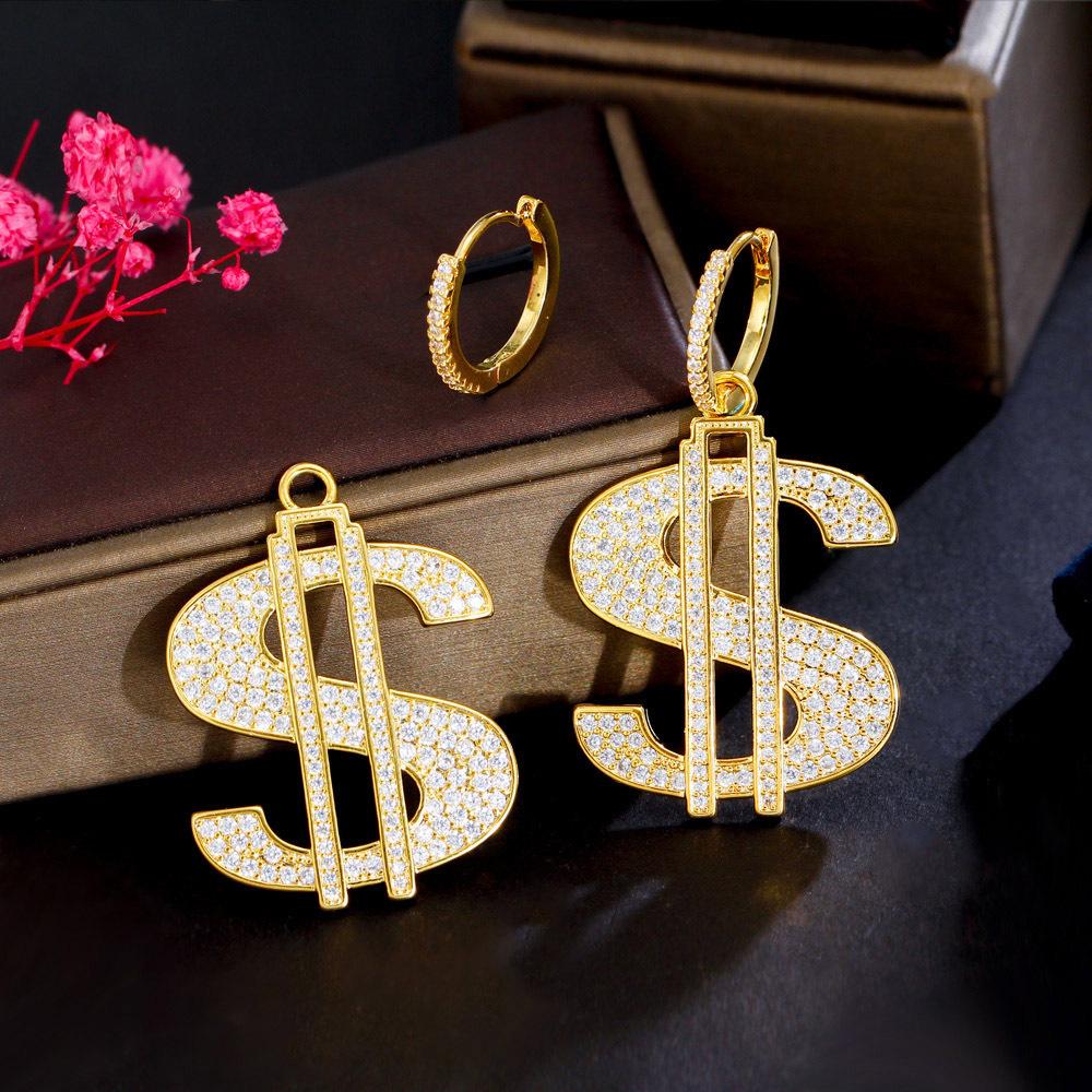 Hip Hop Street Jewelry Copper Inlaid Zircon Dollar Symbol Earrings Gold Plated Full Diamond Personality Tide Ear Jewelry