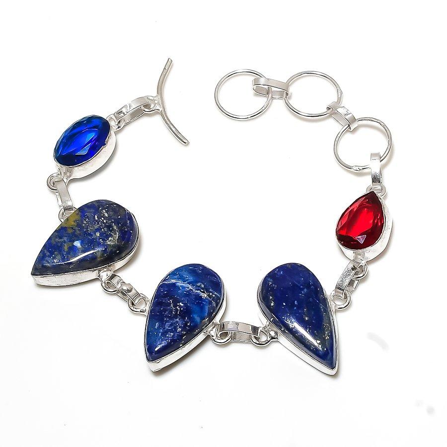 

Браслет ручной работы из стерлингового серебра 925 пробы с натуральным лазуритом и гранатом 7–8 дюймов O7V13