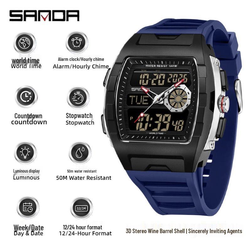 Sanda Men's Sports Barrel-Shaped Luminous Countdown Watch with Triple Time Zone and Dual Display, Waterproof Design.