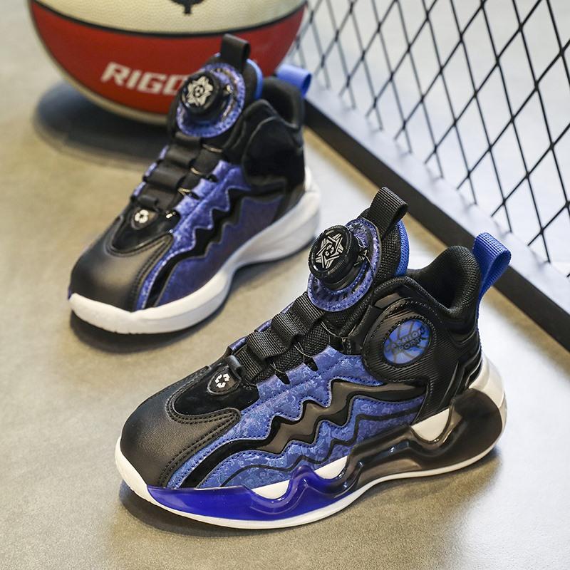 Middle and older children's shoes basketball shoes running shoes sports shoes rotating buckle light bottom autumn and winter waterproof leather sur