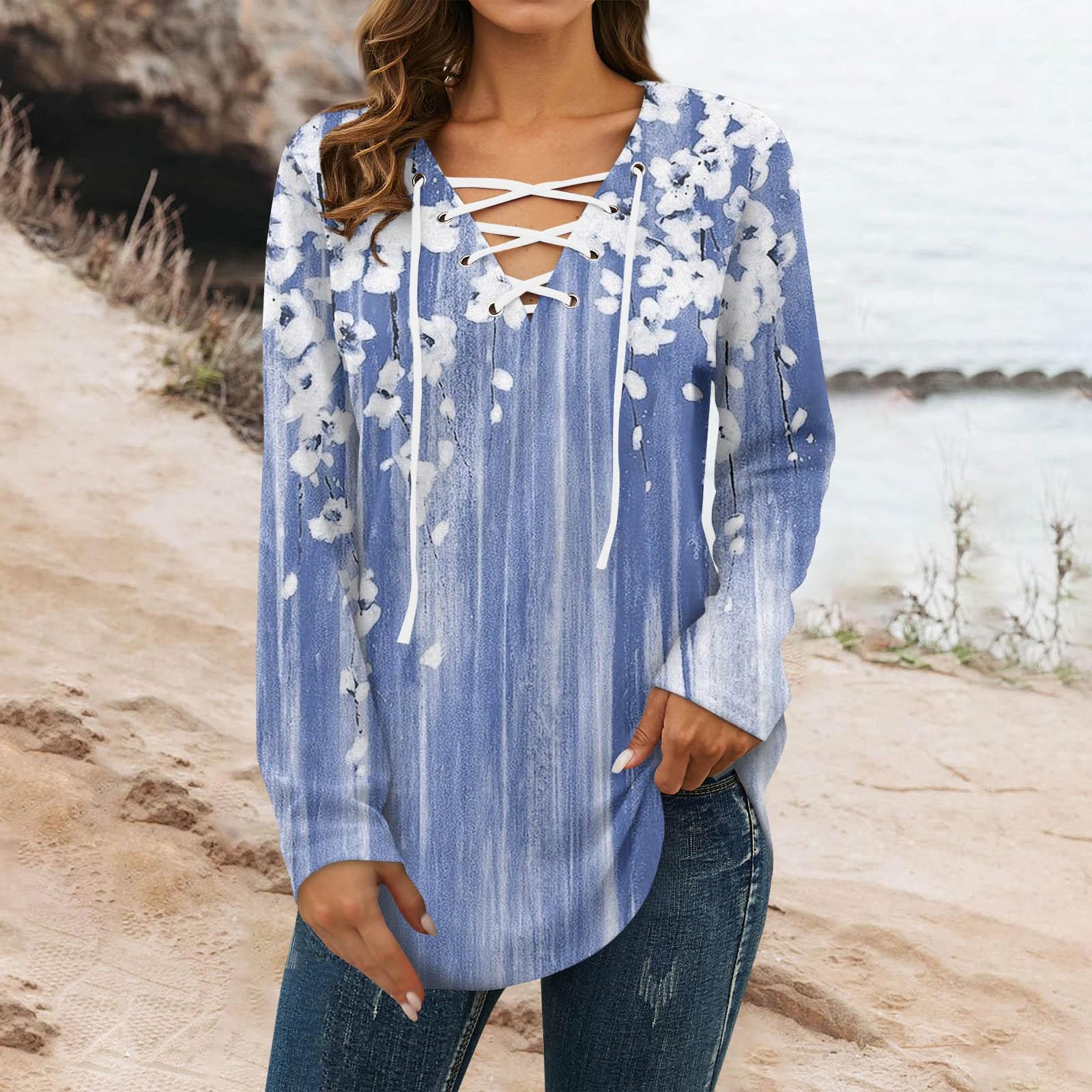 

Женский топ с V-образным вырезом, длинными рукавами и принтом XXXL циан