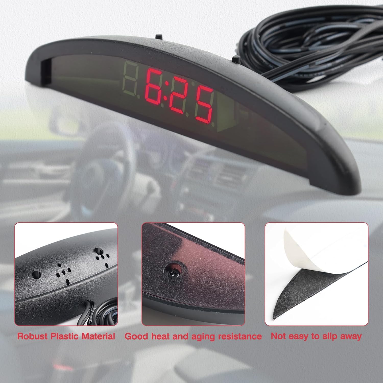 Riloer 3-in-1 Car Digital Dashboard Clock, LED Temperature Gauge and Voltmeter Monitor, Heat Resistant Interior Thermometer with Time Memory, 12V красный