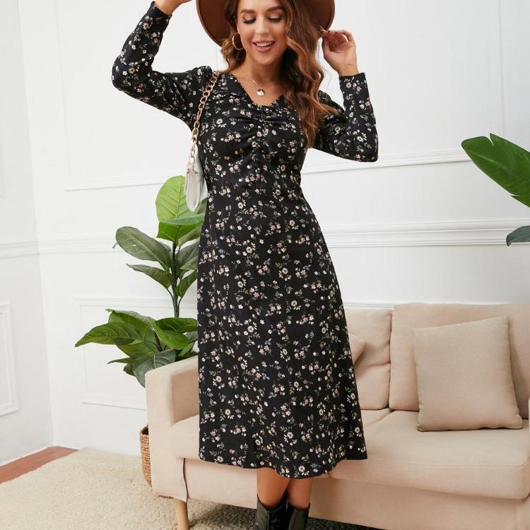 

Женское длинное платье с цветочным принтом, шикарное, с V-образным вырезом, длинными рукавами и кулиской на талии, размеры S XL, на осень-зиму XL