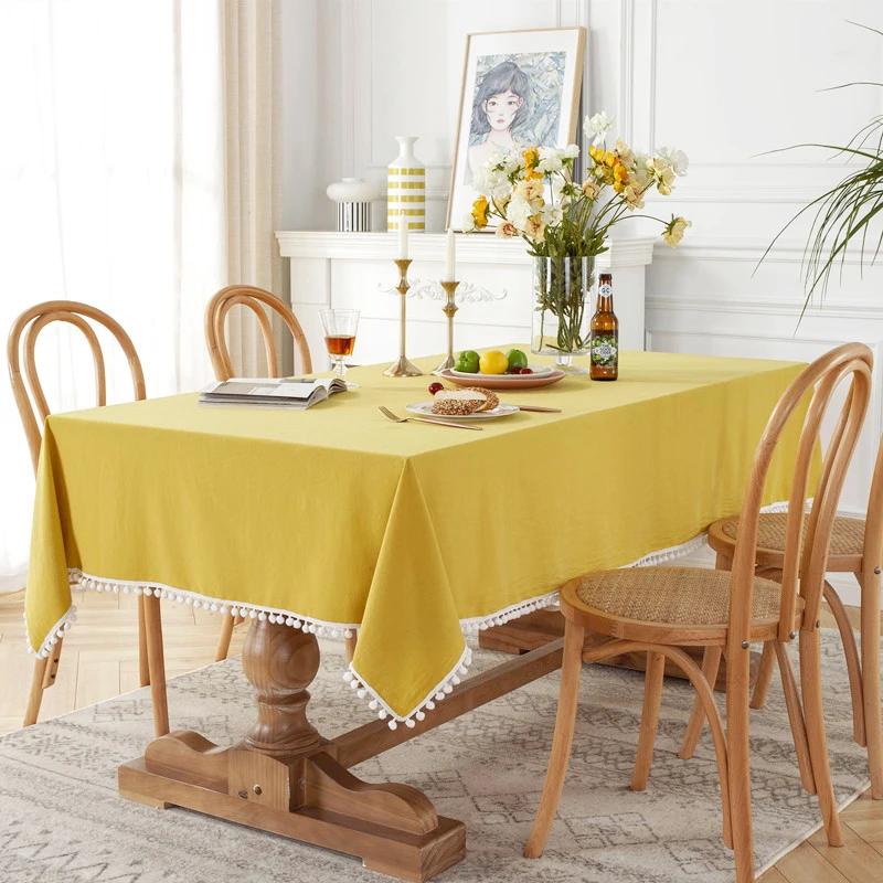 Farmhouse Solid Color Tablecloth Rectangle Cotton Fabric Pompom Tassel Table Cover For Kitchen Dinning Wedding Party Decorations